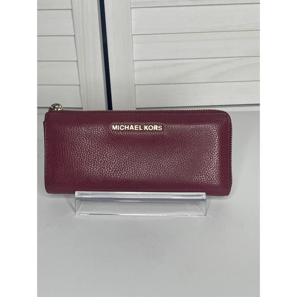 Michael Kors Leather Zip Continental Wallet Wine Red - Picture 1 of 7